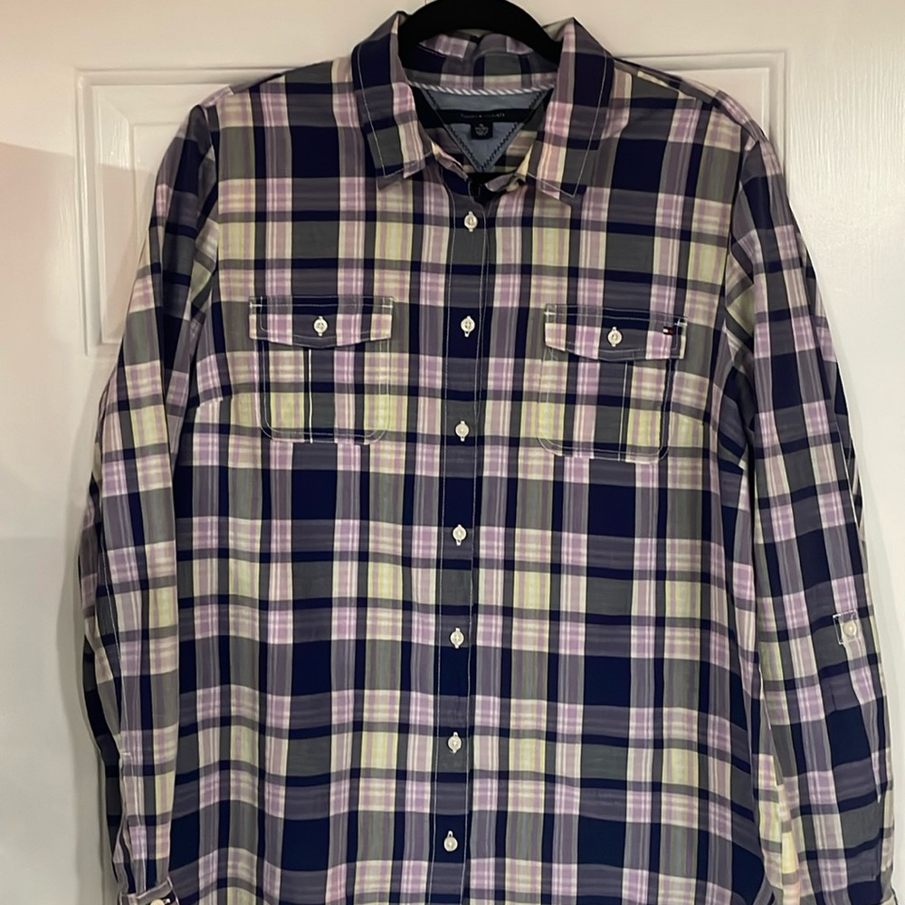 Tommy Hilfiger Shirt Womens Large Purple Plaid Button Up Long Sleeve Top Ladies